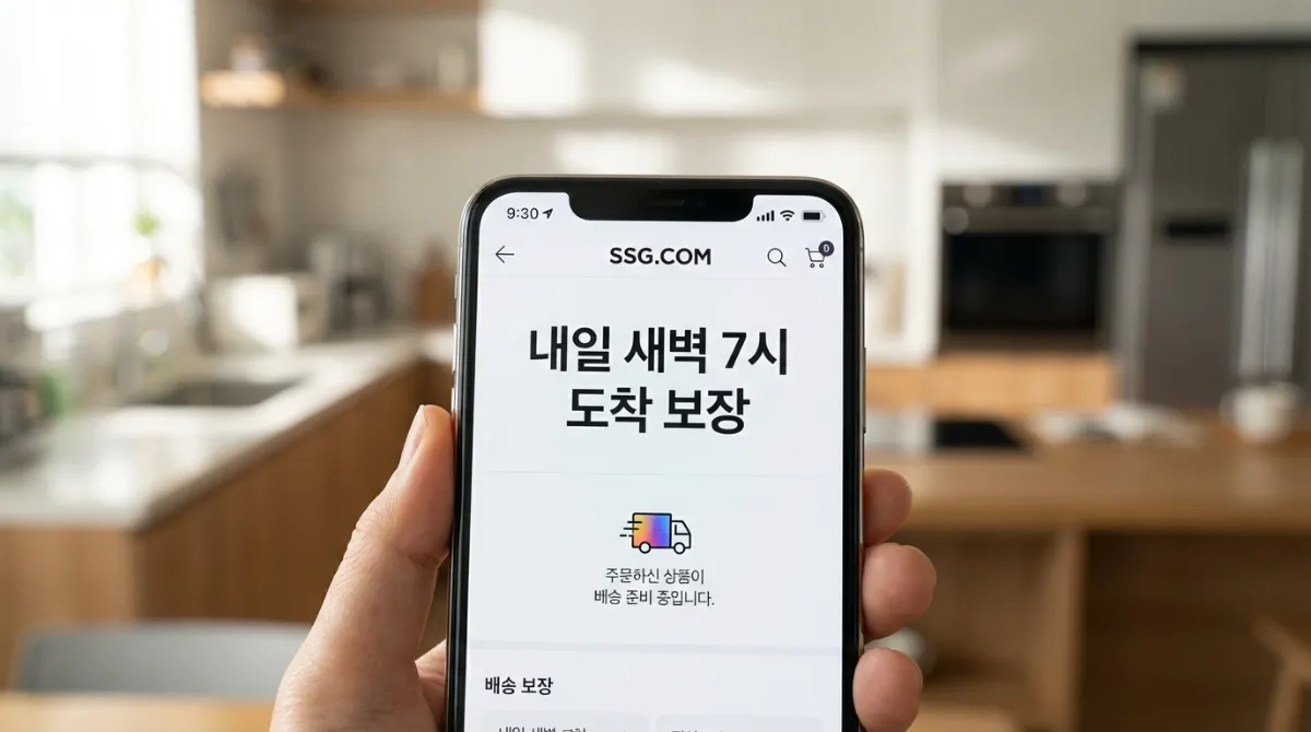 SSG닷컴 앱 새벽배송 조회 화면 - 내일 새벽 7시 도착 보장 문구가 표시된 스마트폰과 모던한 주방 배경