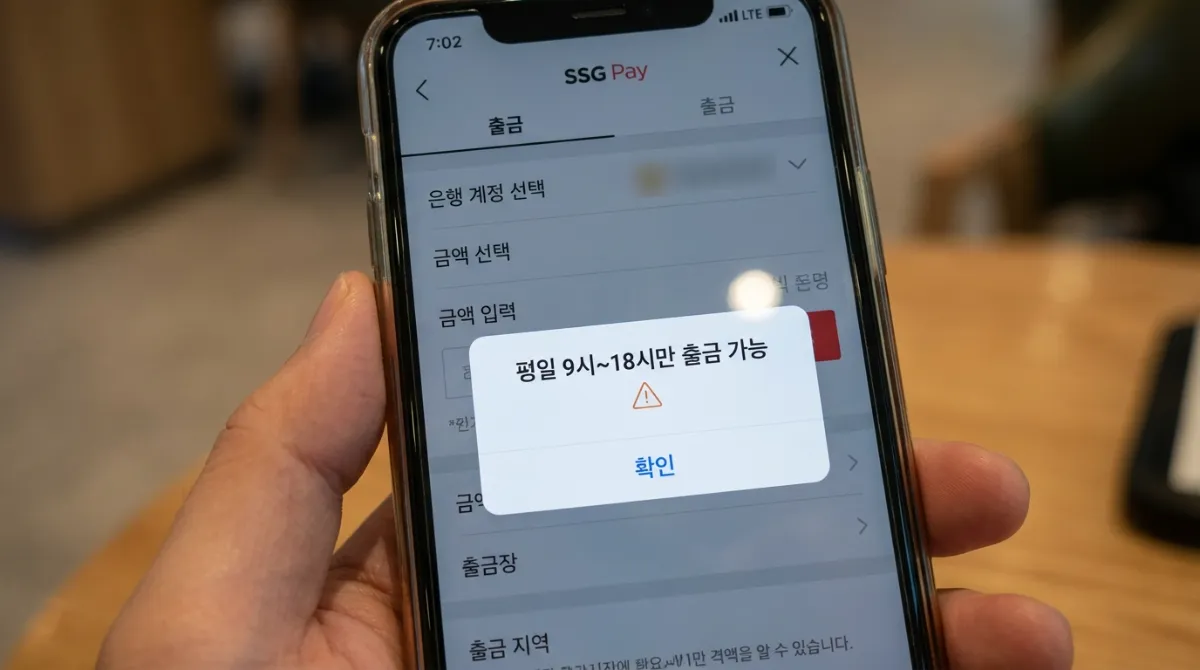 SSG페이 앱 출금 메뉴 화면 위로 '평일 9시~18시만 출금 가능' 문구가 표시된 이용 시간 제한 안내 팝업창