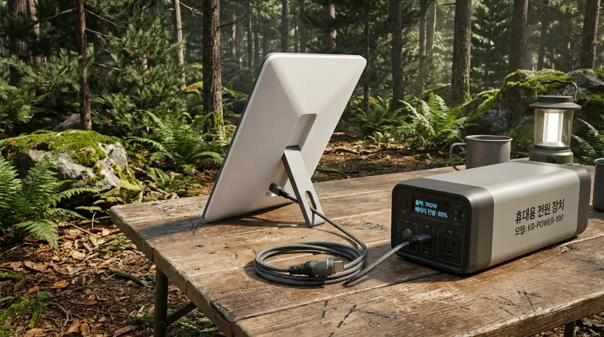 한국 숲속 캠핑장 테이블 위 보조배터리와 USB-C 케이블로 연결된 스타링크 미니의 사실적인 모습