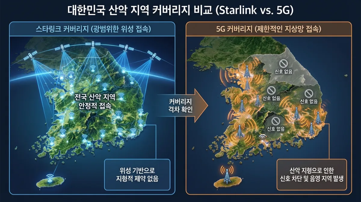 한국 산간 지역 스타링크 vs 5G 커버리지 격차 비교 인포그래픽 차트