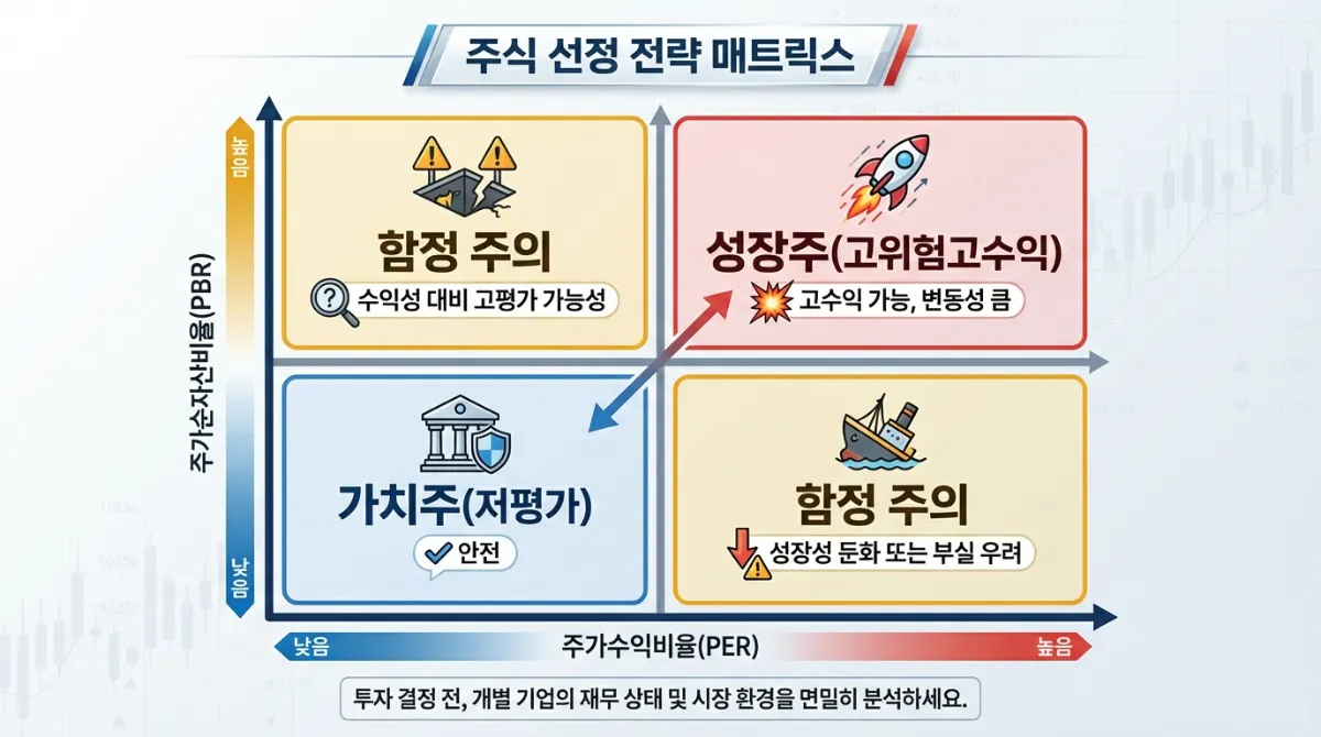 PER와 PBR 지표를 활용한 주식 선정 전략 매트릭스: 저평가 가치주와 고위험 고수익 성장주 및 함정 주의 구간을 설명하는 투자 전략 가이드