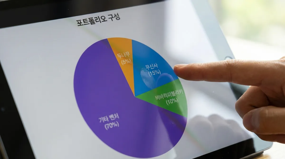 2026년 한국형 BDC: 무신사·토스 비상장주식 1만원으로 투자하는 법 (3월 시행 총정리) 3 태블릿 화면에 표시된 포트폴리오 구성 파이 차트와 무신사(15%) 영역을 가리키는 손가락의 실사 이미지. 비바리퍼블리카, 두나무, 기타 벤처 지분이 포함된 투자 포트폴리오 시각화.