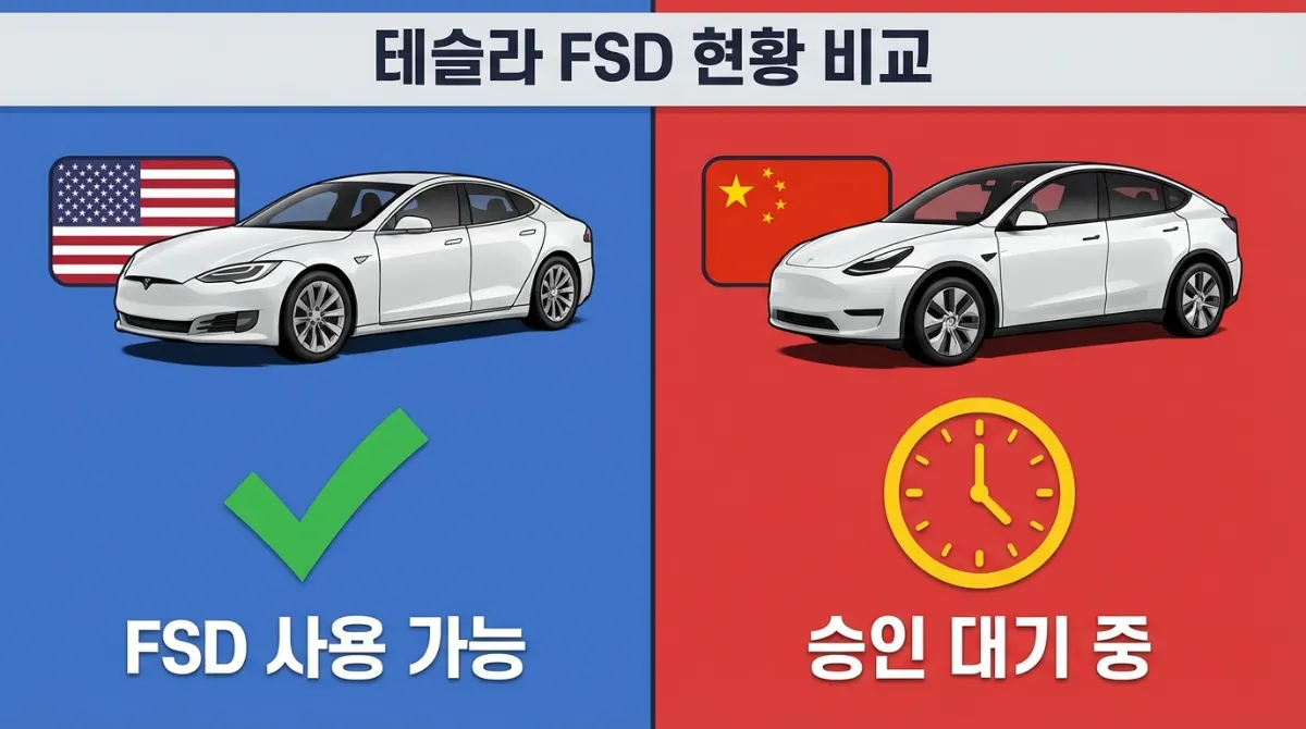 테슬라 FSD 미국 대 중국 승인 현황 비교 인포그래픽. 왼쪽은 미국 성조기와 모델 S로 FSD 사용 가능을, 오른쪽은 중국 오성홍기와 모델 Y로 자율주행 승인 대기 상태를 나타냄.
