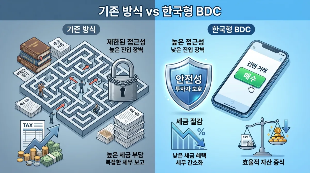 2026년 한국형 BDC: 무신사·토스 비상장주식 1만원으로 투자하는 법 (3월 시행 총정리) 2 기존 비상장 주식 거래의 복잡한 절차와 한국형 BDC의 간편한 투자 및 절세 혜택을 비교한 인포그래픽. 왼쪽에는 미로와 세금 서류가 있고, 오른쪽에는 스마트폰 매수 버튼과 방패 아이콘이 포함된 '기존 방식 vs 한국형 BDC' 비교 이미지입니다.
