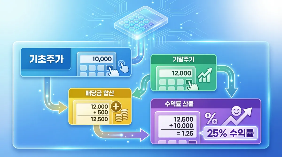 TSR 계산, 2026년 3월 사업보고서로 완벽 분석 (밸류업 투자 가이드) 3 계산기를 활용한 TSR(총주주수익률) 계산 단계별 플로우차트: 기초주가, 기말주가, 배당금 합산, 수익률 산출 과정 안내