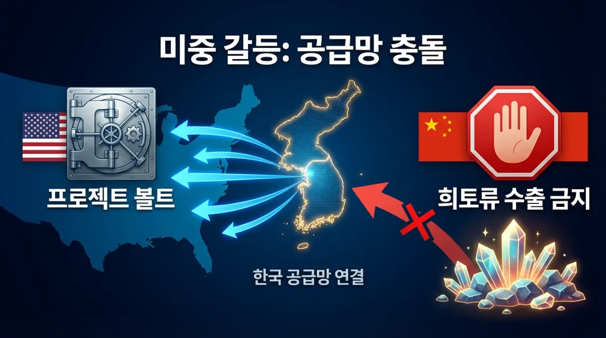 미국 프로젝트 볼트 정책과 중국 희토류 수출 금지 조치 간의 갈등을 보여주는 인포그래픽. 한국을 중심으로 한 글로벌 공급망 연결과 무역 전쟁의 영향을 시각화했습니다.
