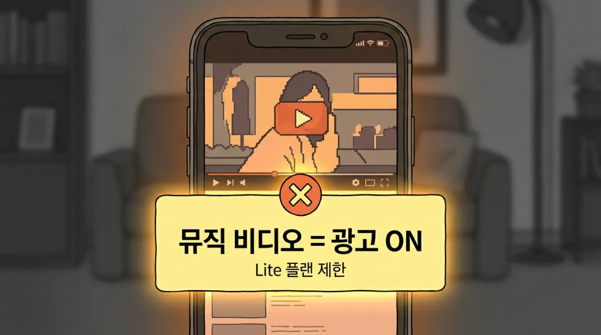 유튜브 프리미엄 라이트 요금제의 제약을 상징하는 스마트폰 일러스트, 뮤직 비디오 재생 시 광고 배너가 나타나며 '뮤직 비디오 = 광고 ON'이라는 문구가 표시된 경고 화면
